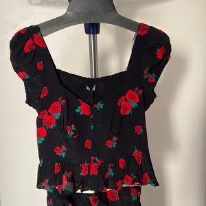 Zara Black Blouse with Red Floral Print- 2 piece set